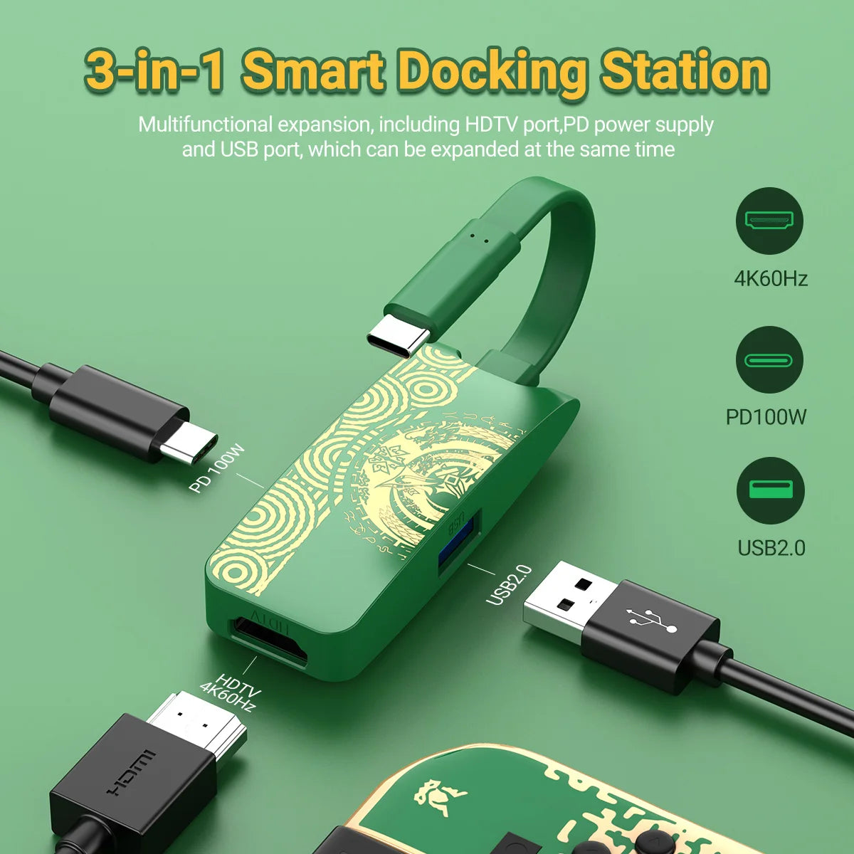 2pack 3-in-1 4K@60Hz HDMI Switch Docking Station for TV with USB 2.0 Port PD 100W Charging,Hub For Tears of Kingdom Switch Dock