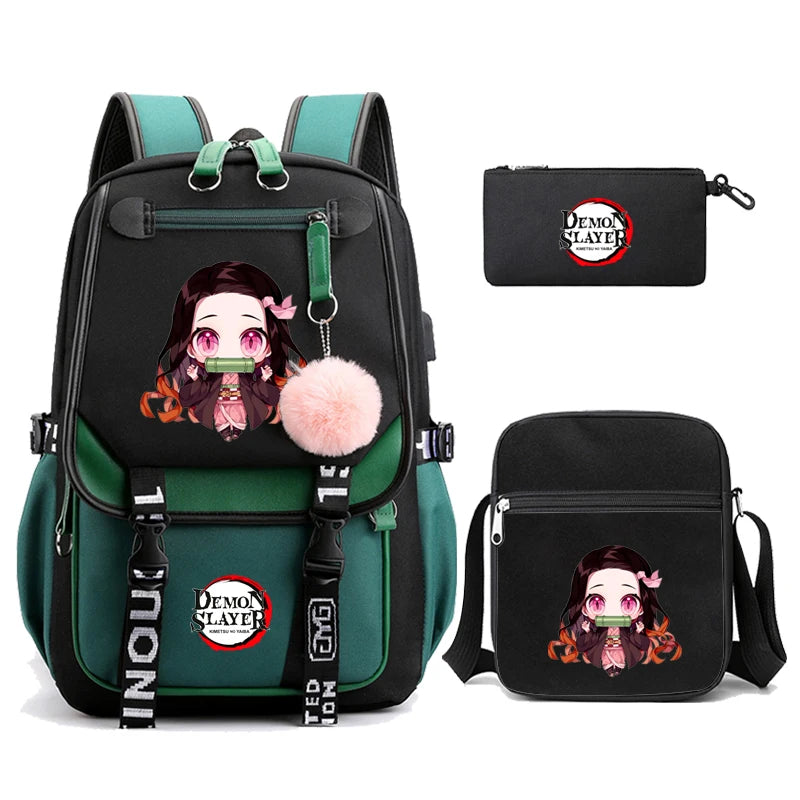 3Pcs Kamado Nezuko Demon Slayer Backpacks Set for Girls Anime School Bag Teenager Student Canvas Laptop Back Pack Women Rucksack