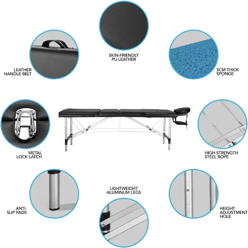 Portable Massage Table Upgraded 2" Thick Sponge, Height Adjustable Aluminum Massage Bed