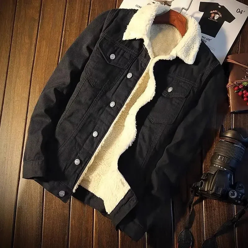 Winter Vintage Fleece-lined Denim Jacket Trendy Cotton-padded Coat