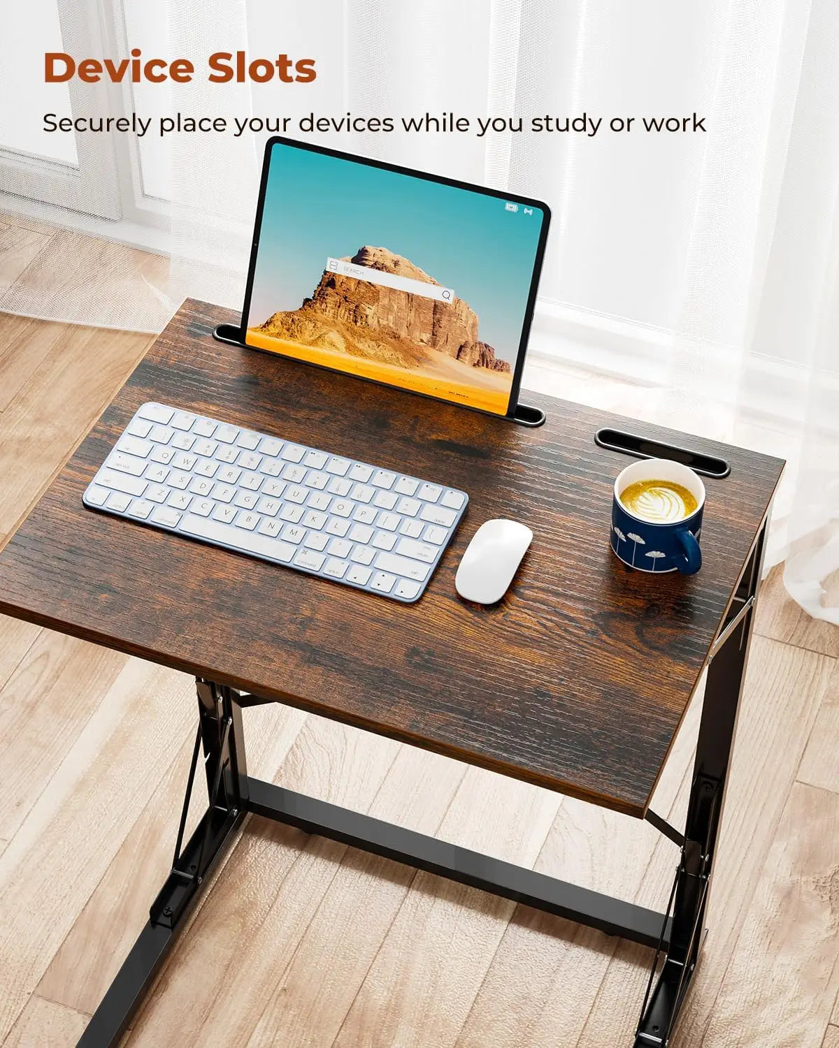 21''Wx28''H Folding TV Tray Table, Small Foldable C-Shaped End Table for Eating with Tablet and Phone Slots, Slide Under