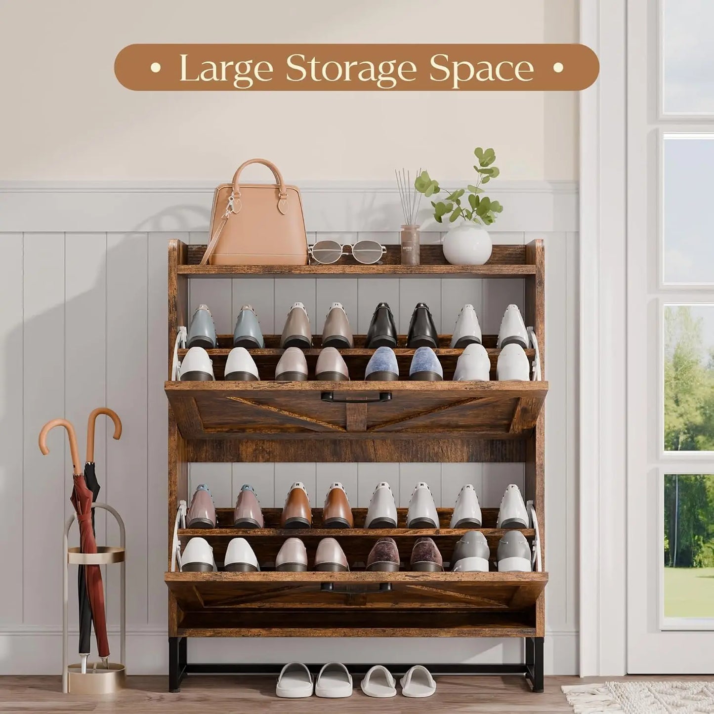 Shoe Storage Cabinet with 2 Flip Drawers, Freestanding Shoe Rack Cabinet with Metal Legs, Hidden Shoe Organizer Cabinet