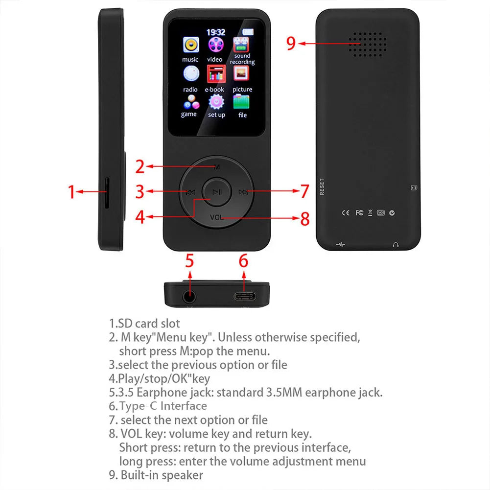 MP3 Player 1.8 in Screen HiFi Lossless Music Player Bluetooth-Compatible5.0 Type-C Sports MP3 Player Built-in Speaker for Kids