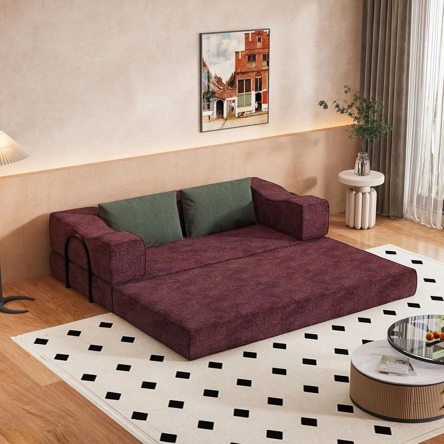 Folding Sofa Bed, 80 Inch Convertible Sofa Bed, with 2 Pillows, Folding Sofa, Foam Spring Floor Mattress
