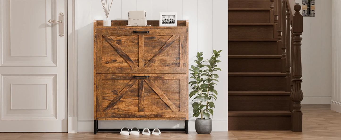Shoe Storage Cabinet with 2 Flip Drawers, Freestanding Shoe Rack Cabinet with Metal Legs, Hidden Shoe Organizer Cabinet