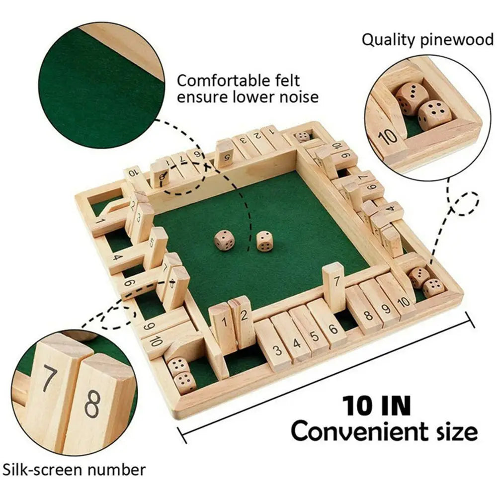 Shut The Box Dice Board Game Wooden Flaps & Dices for 4 Players