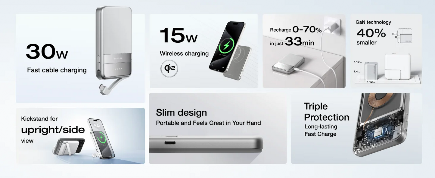 ECOFLOW Rapid Power Bank Wireless 5000mAh, Qi2 Certified Ultra-Fast Magnetic Portable Charger with Stand & Built-in USB-C Cables