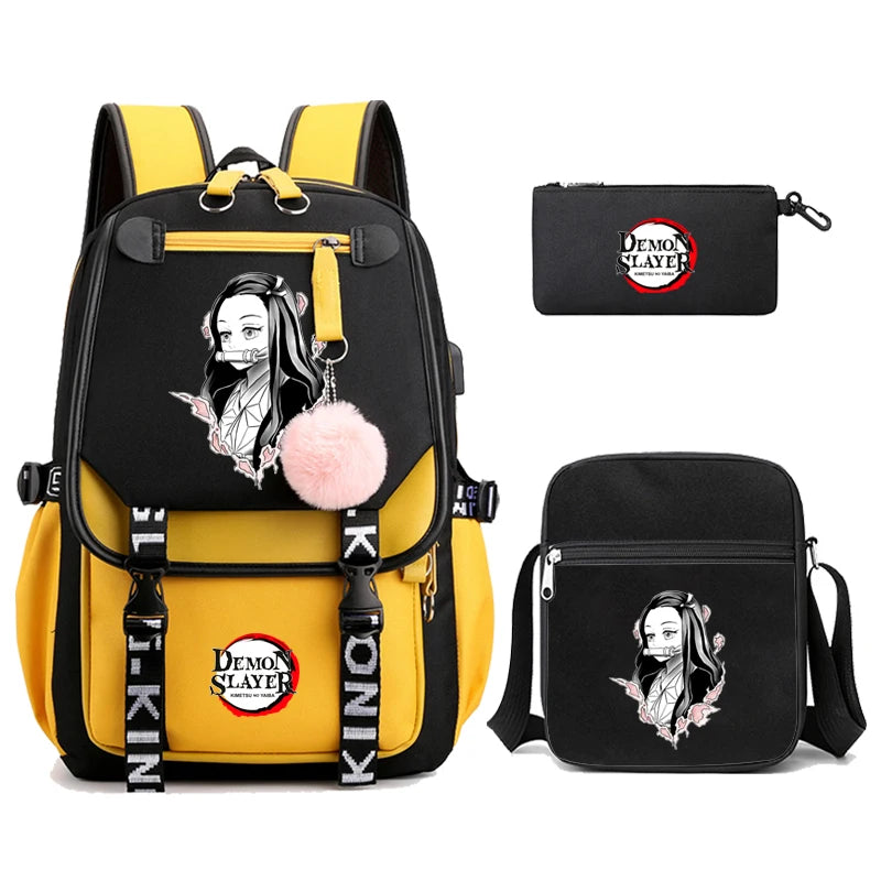 3Pcs Kamado Nezuko Demon Slayer Backpacks Set for Girls Anime School Bag Teenager Student Canvas Laptop Back Pack Women Rucksack