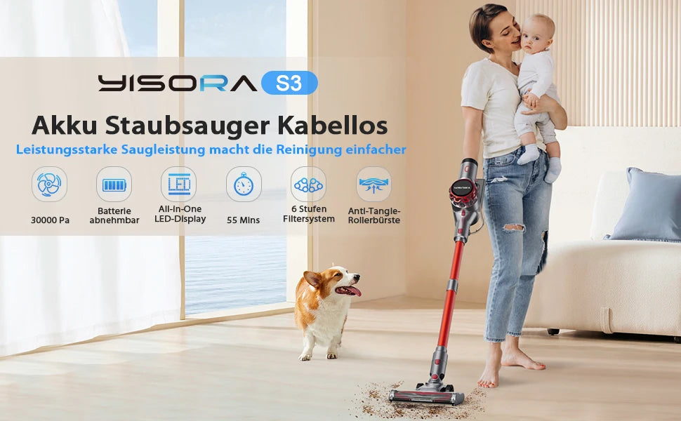 YISORA Cordless Vacuum Cleaner, 28Kpa 55Mins Running Time Wireless Vacuum Cleaner with Touchscreen for Pet Hair, Carpet