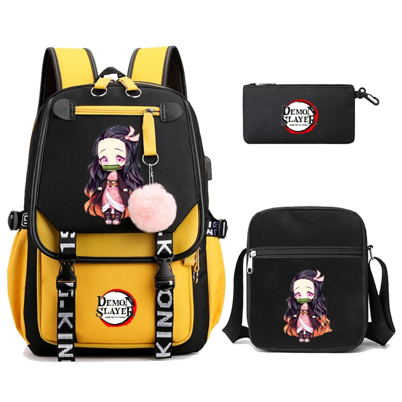 3Pcs Kamado Nezuko Demon Slayer Backpacks Set for Girls Anime School Bag Teenager Student Canvas Laptop Back Pack Women Rucksack