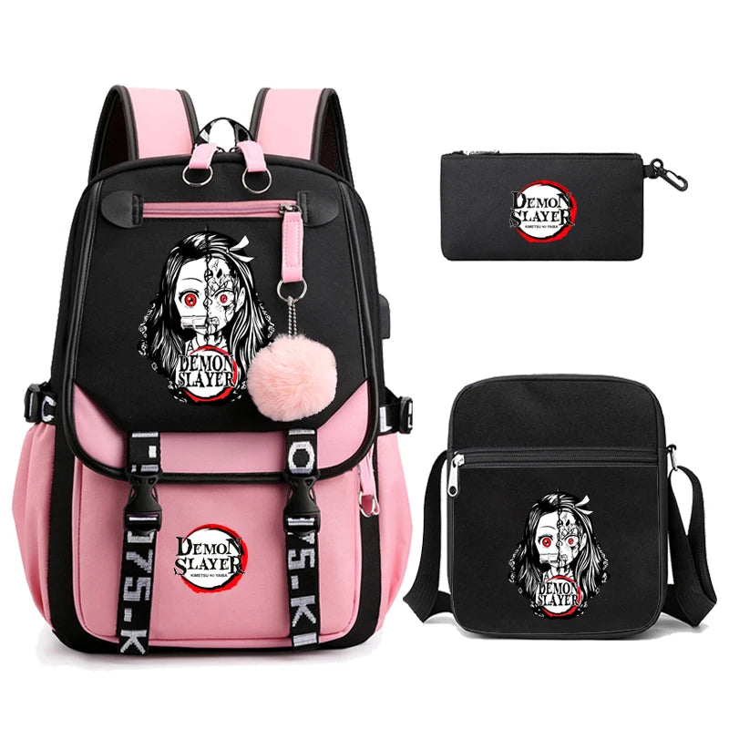 3Pcs Kamado Nezuko Demon Slayer Backpacks Set for Girls Anime School Bag Teenager Student Canvas Laptop Back Pack Women Rucksack