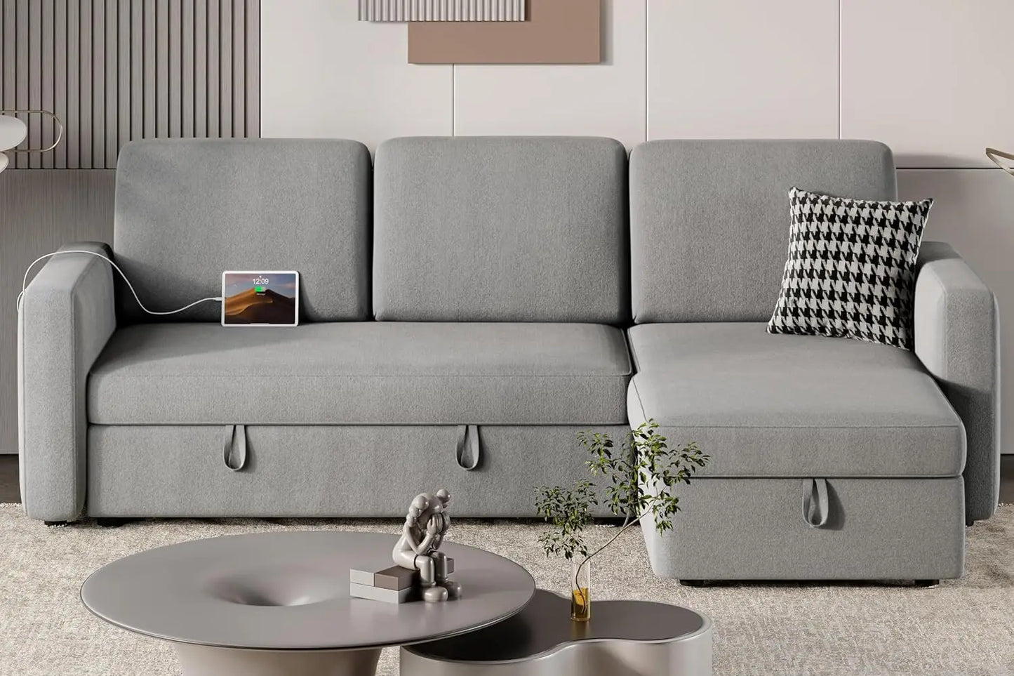 Sectional Sofa L-Shaped Sofa Couch Bed w/Chaise & USB, Reversible Couch Sleeper w/Pull Out Bed & Storage Space, 4-seat Fabric
