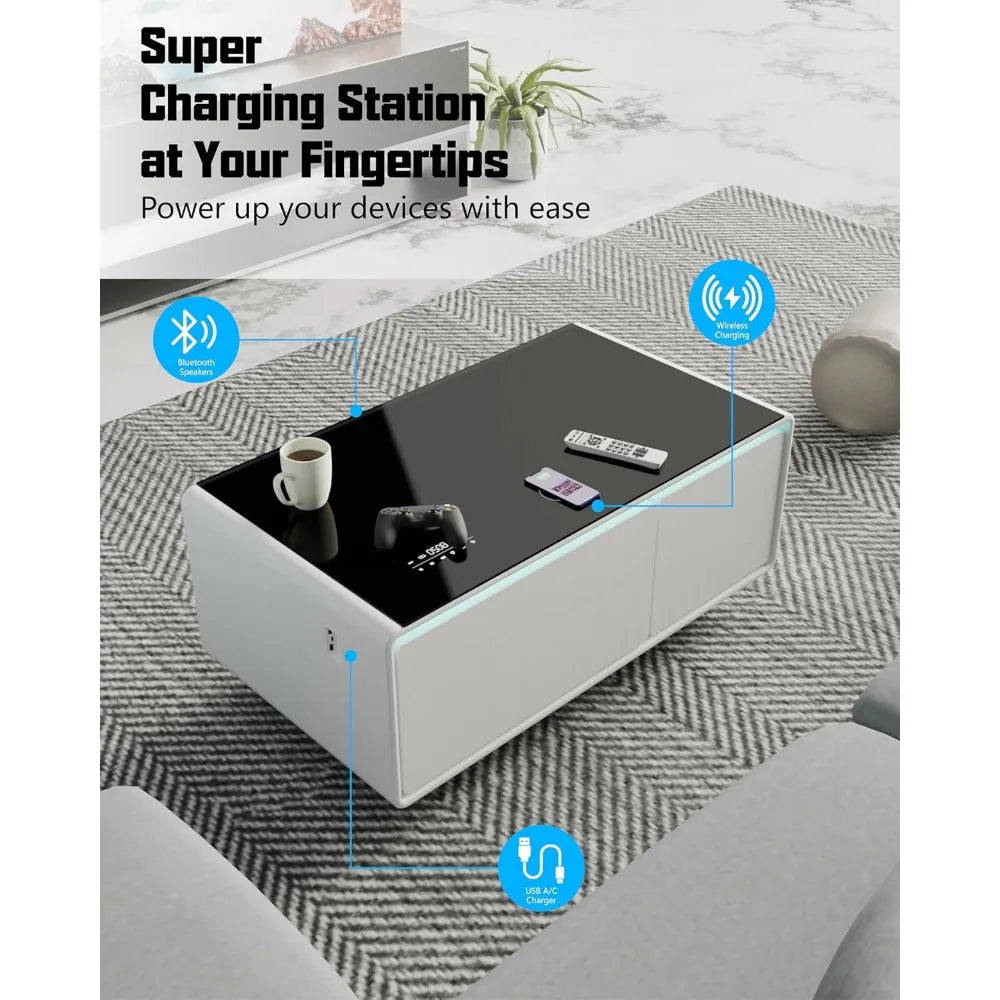 Smart Coffee Table, 23" D x 41.5" W x 18.1" H, Living Room Table with Built in Fridge and Speakers, Smart Table