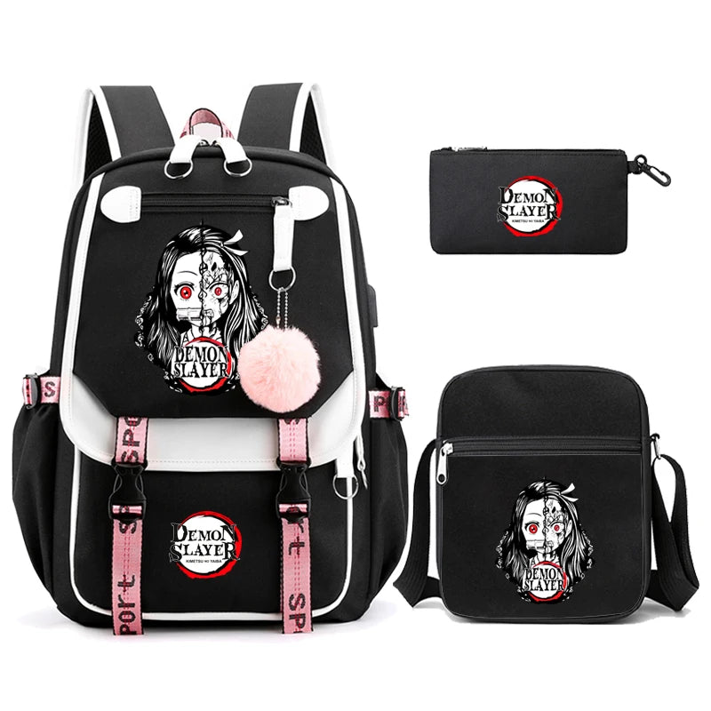 3Pcs Kamado Nezuko Demon Slayer Backpacks Set for Girls Anime School Bag Teenager Student Canvas Laptop Back Pack Women Rucksack