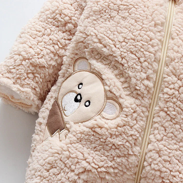 Lamb hair cartoon bear embroidered baby jumpsuit winter new girl baby long sleeved crawling suit thickened girl