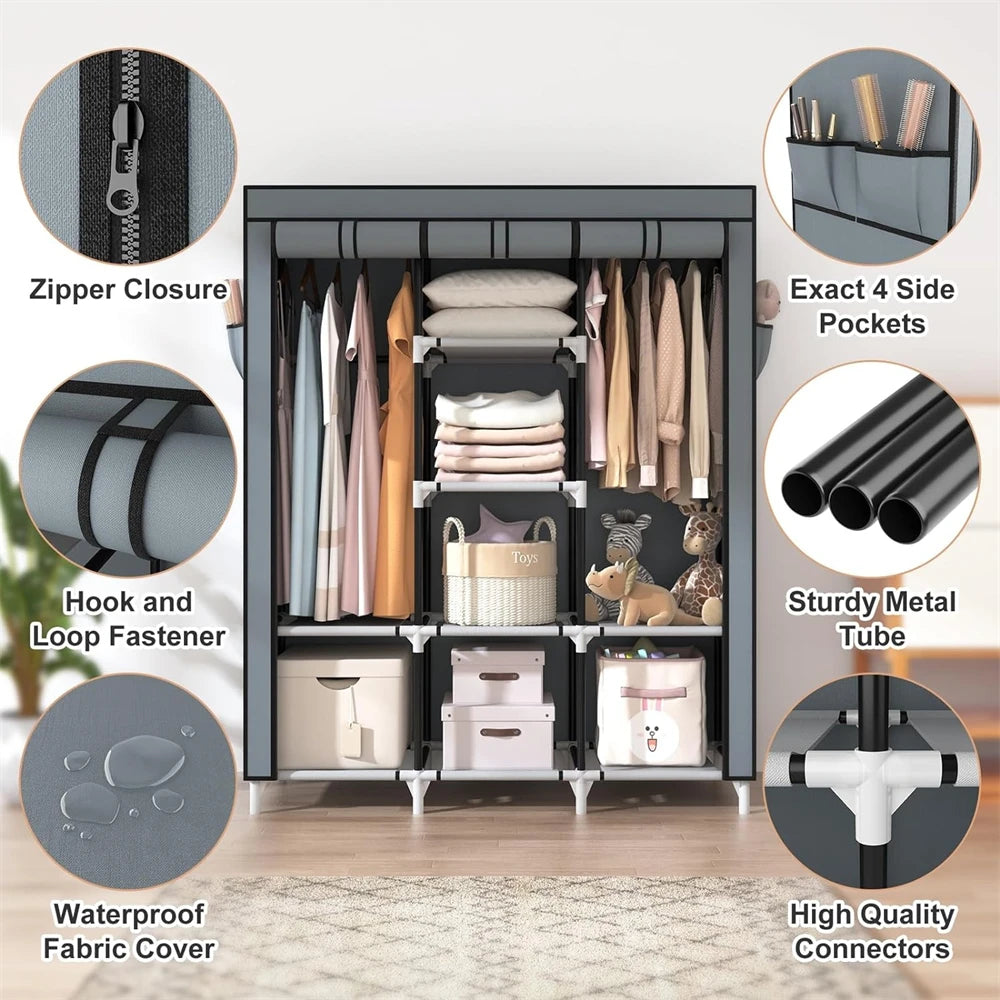 Portable Large Clothes Organizer with 6 Storage Shelves, 2 Hanging Sections 4 Side Pockets
