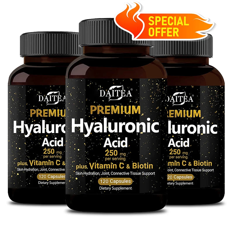 Hyaluronic Acid Supplement 250 Mg with Biotin and Vitamin C-3-in-1 - Skin Moisturization, Joint Lubrication, Hair and Eye Health