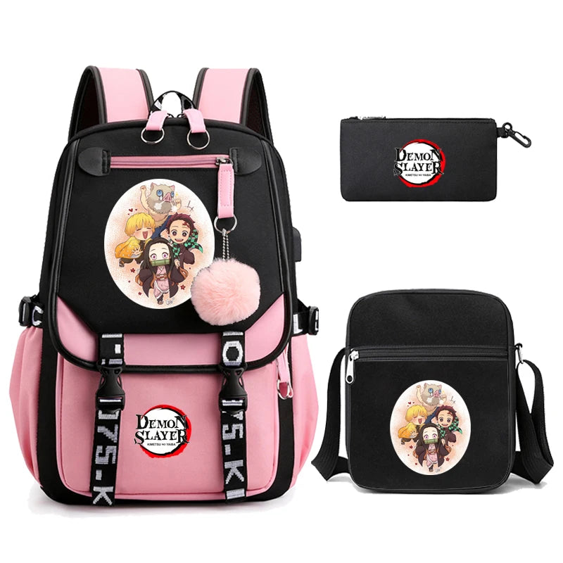 3Pcs Kamado Nezuko Demon Slayer Backpacks Set for Girls Anime School Bag Teenager Student Canvas Laptop Back Pack Women Rucksack