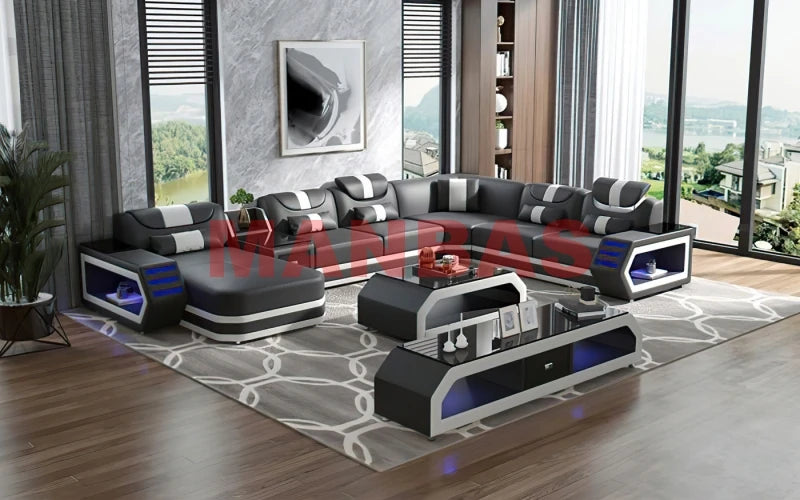 MANBAS Italian Genuine Leather Sectional Sofa with LED Lights | Futuristic Furniture U Shape Couch Living Room Big Sofas Set