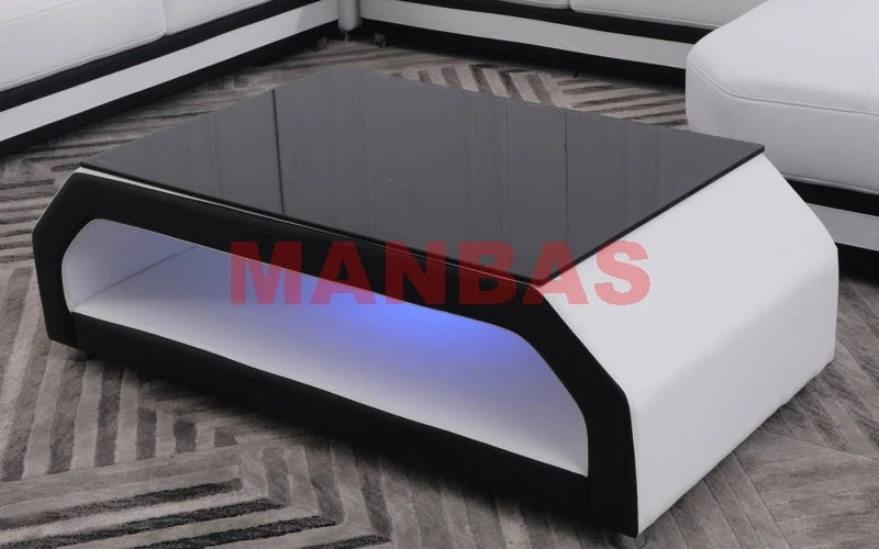 MANBAS Italian Genuine Leather Sectional Sofa with LED Lights | Futuristic Furniture U Shape Couch Living Room Big Sofas Set