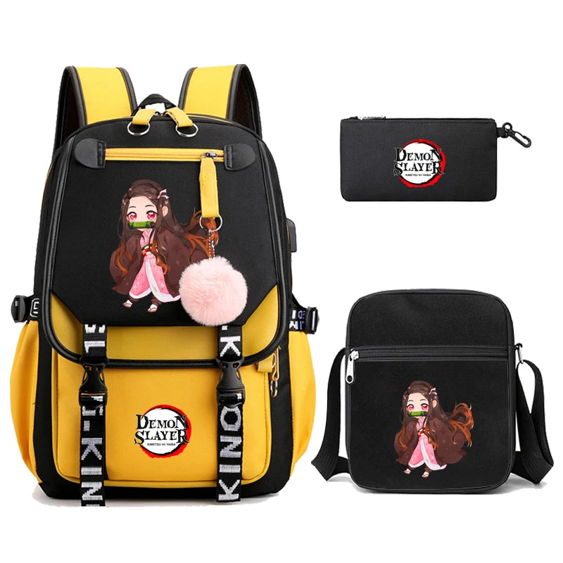 3Pcs Kamado Nezuko Demon Slayer Backpacks Set for Girls Anime School Bag Teenager Student Canvas Laptop Back Pack Women Rucksack