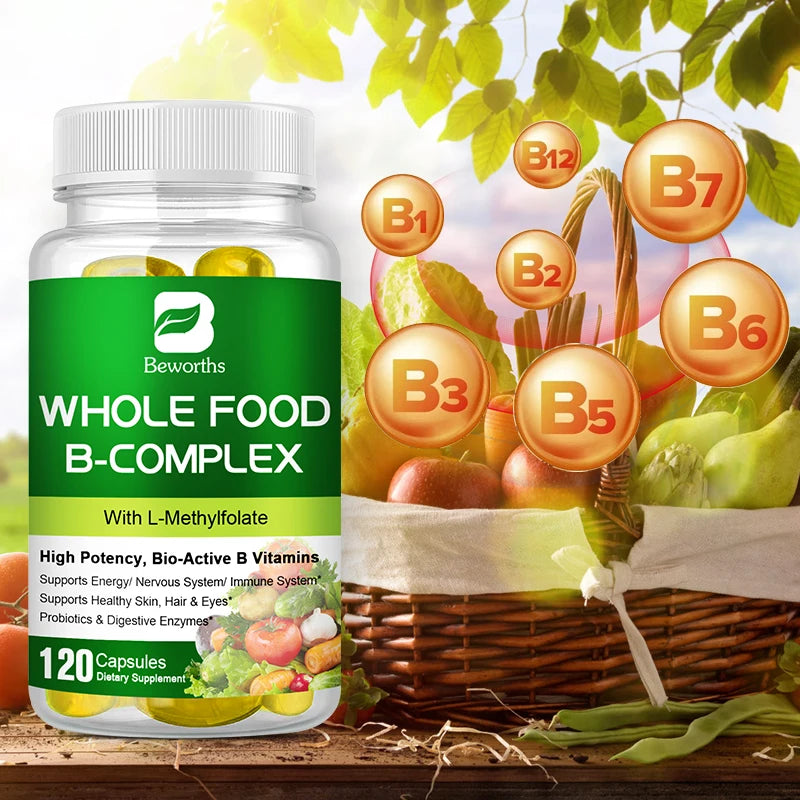 BEWORTHS Vitamin B Complex Capsules B1,B2,B3,B5,B6,B7,B12 Whole Food Supplement for Stress, Energy and Immune Support Non-GMO