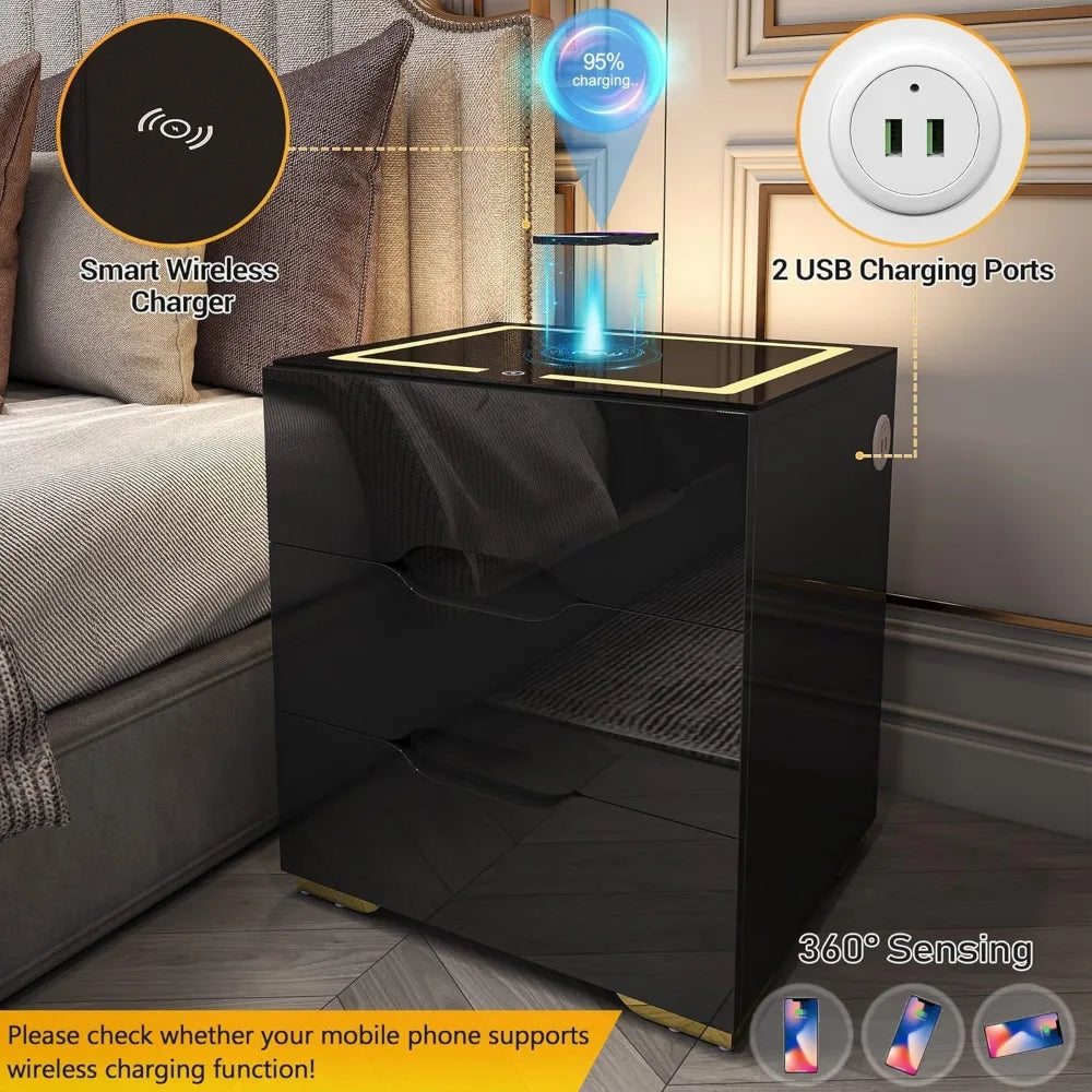 Nightstand with Wireless Charging Station & USB Charging, Smart Bedside Table with Adjustable LED Lights, End Table Organizer