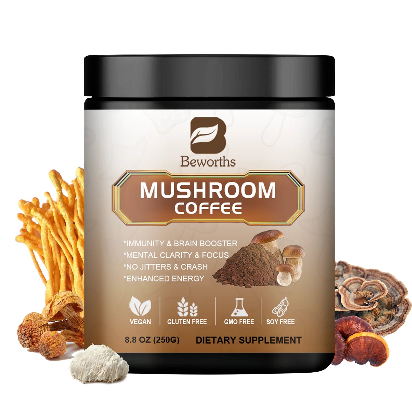 Mushroom Coffee Supplement 10 Mushroom Blend- Lion's Mane, Chaga, Cordyceps, Ashwagandha, L-Theanine for Energy, Focus, Memory