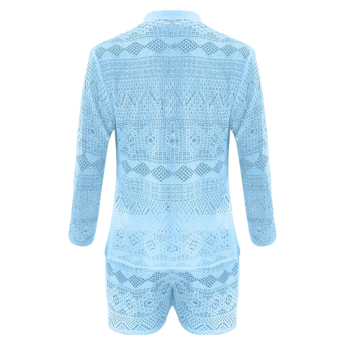 Hollow Out Sexy Lace Suit Fashion Long Sleeve Shirt Casual Shorts Men'S Clothing Suit Solid Color Matching Summer Suit For Male