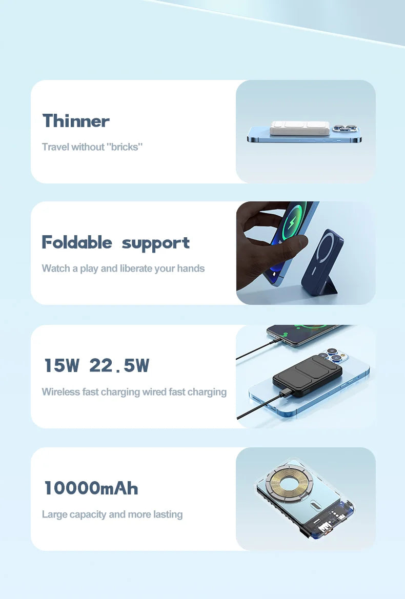 Wireless Magnetic 10000mAh Power Bank With Foldable Stand Portable 5000mAh External Auxiliary Battery For Magsafe iPhone Samsung