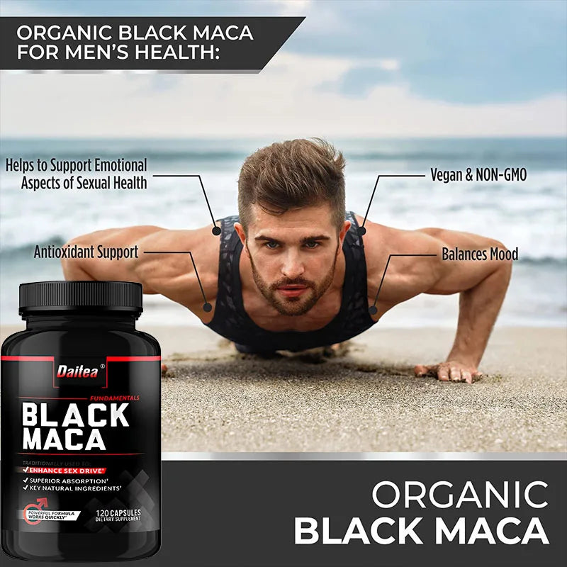 Organic Black Maca Capsules, Helps with Energy, Endurance, Mood Health, Antioxidant Support, Vegan, Non-GMO