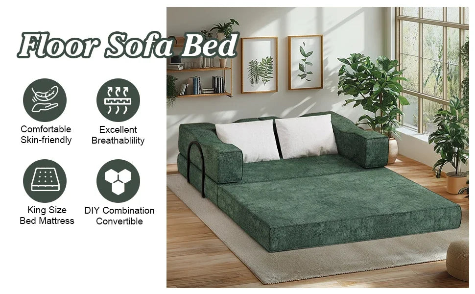 Folding Sofa Bed, 80 Inch Convertible Sofa Bed, with 2 Pillows, Folding Sofa, Foam Spring Floor Mattress