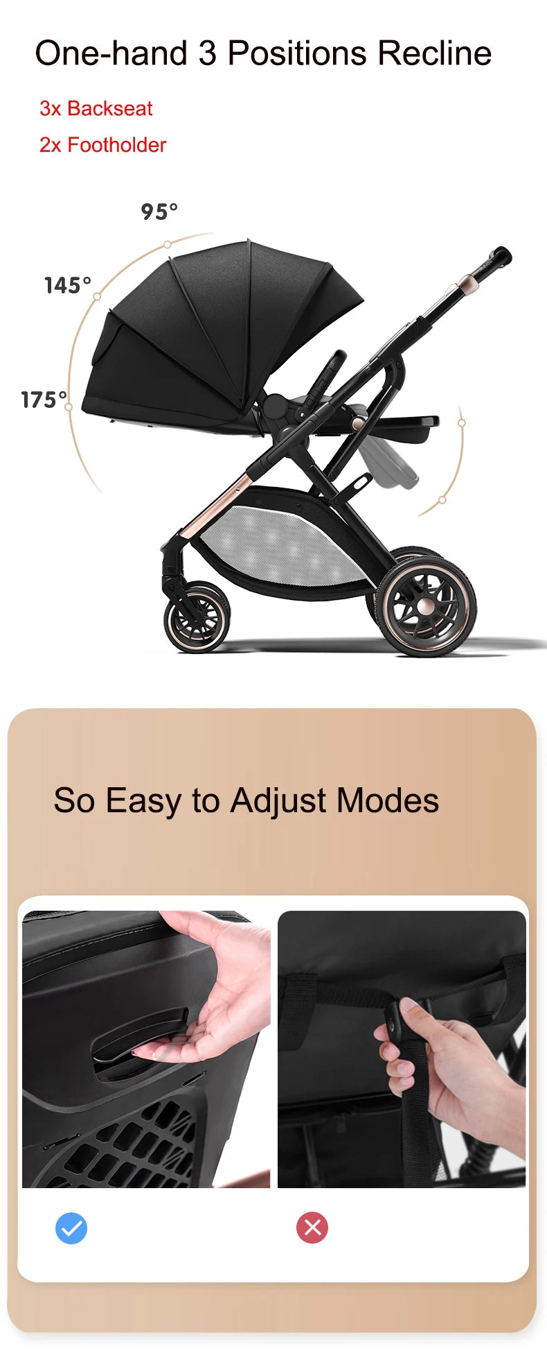 High View Baby Stroller Ergonomics Seat Bassinet for Newborn Portable Baby Pram One Hand to Recline Basket Pushchair