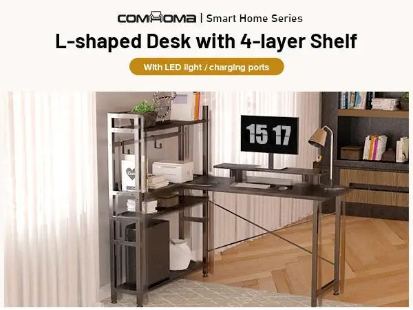 Computer desk Gaming desk with shelves, L-shaped corner  55' Reversible  with charging connection,integrated socket