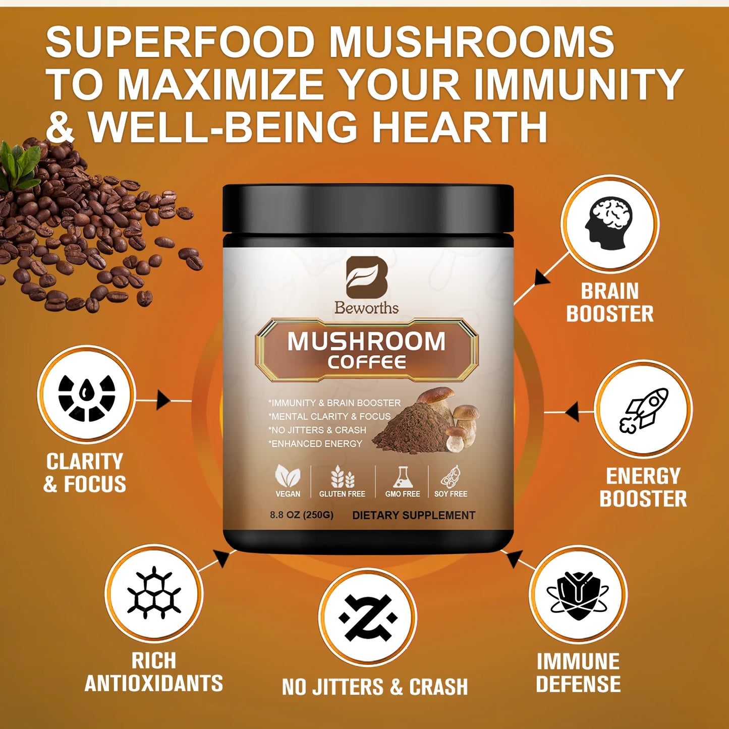 Mushroom Coffee Supplement 10 Mushroom Blend- Lion's Mane, Chaga, Cordyceps, Ashwagandha, L-Theanine for Energy, Focus, Memory