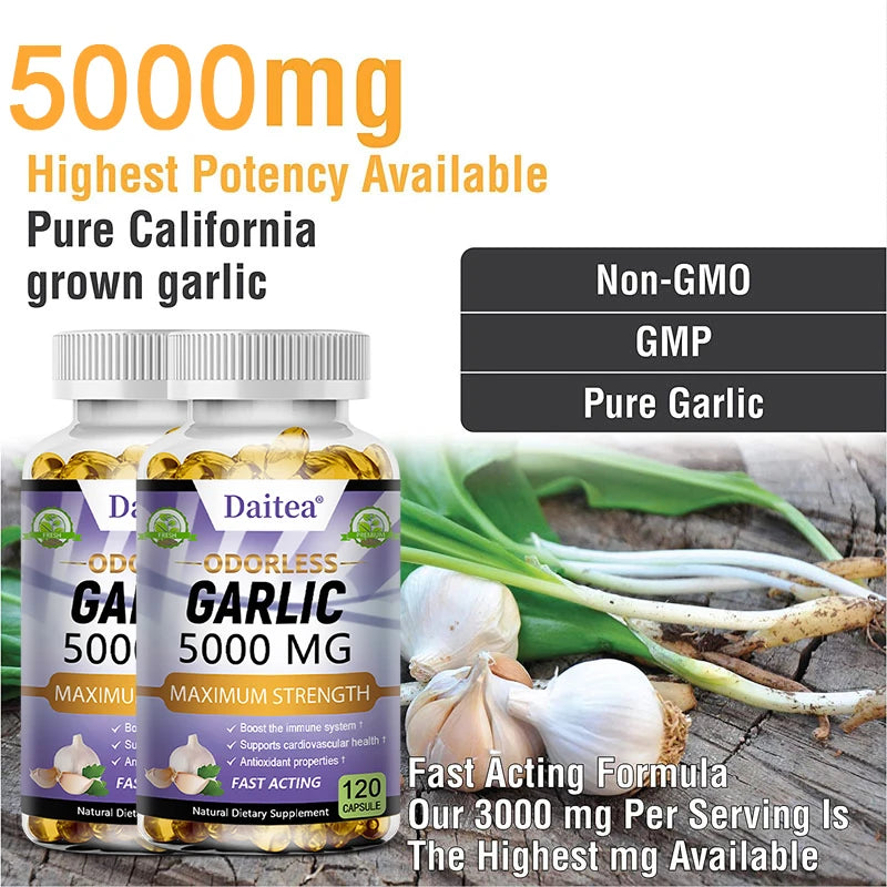 Daitea Garlic Extract Capsules 5000mg, Promotes Immunity, Heart and Skin Health, Supports Cardiovascular Health, Antioxidant