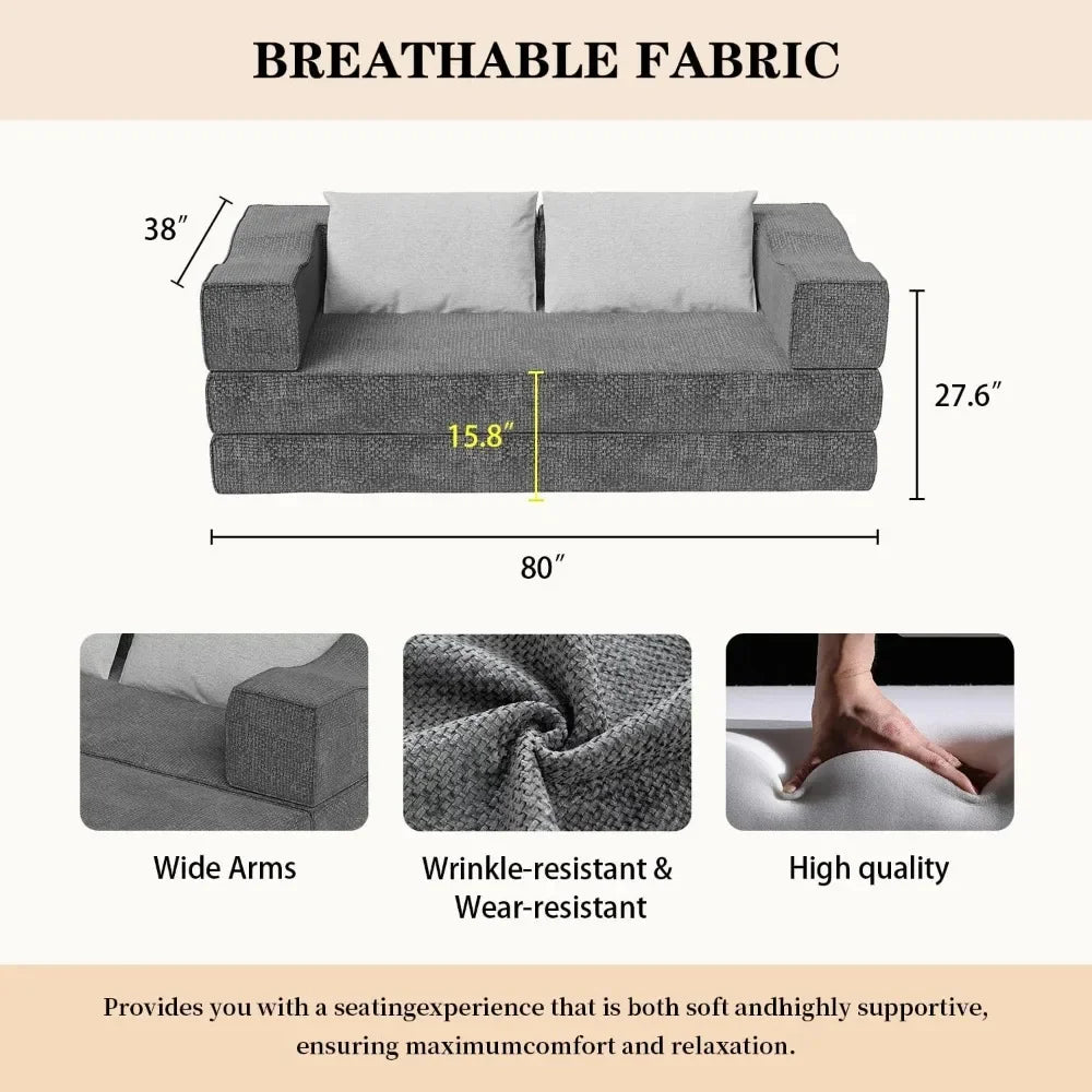 Folding Sofa Bed, 80 Inch Convertible Sofa Bed, with 2 Pillows, Folding Sofa, Foam Spring Floor Mattress
