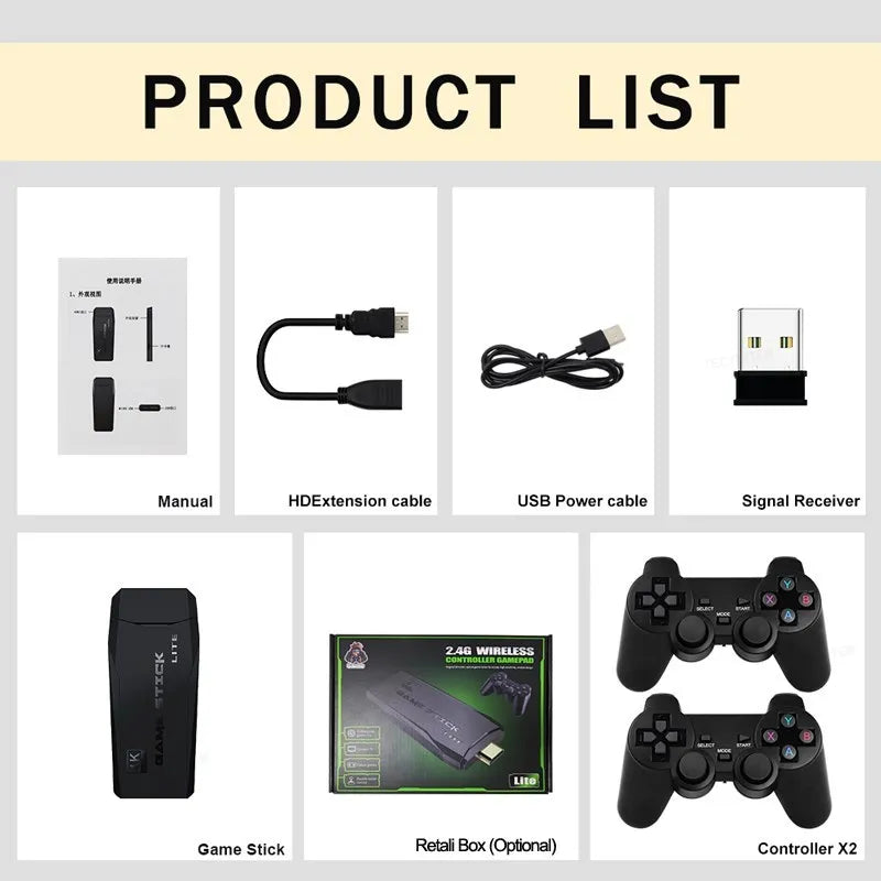 Video Game Console Built-in 20000 Games Wireless Controller TV Game Stick 4K HD 25 Languages
