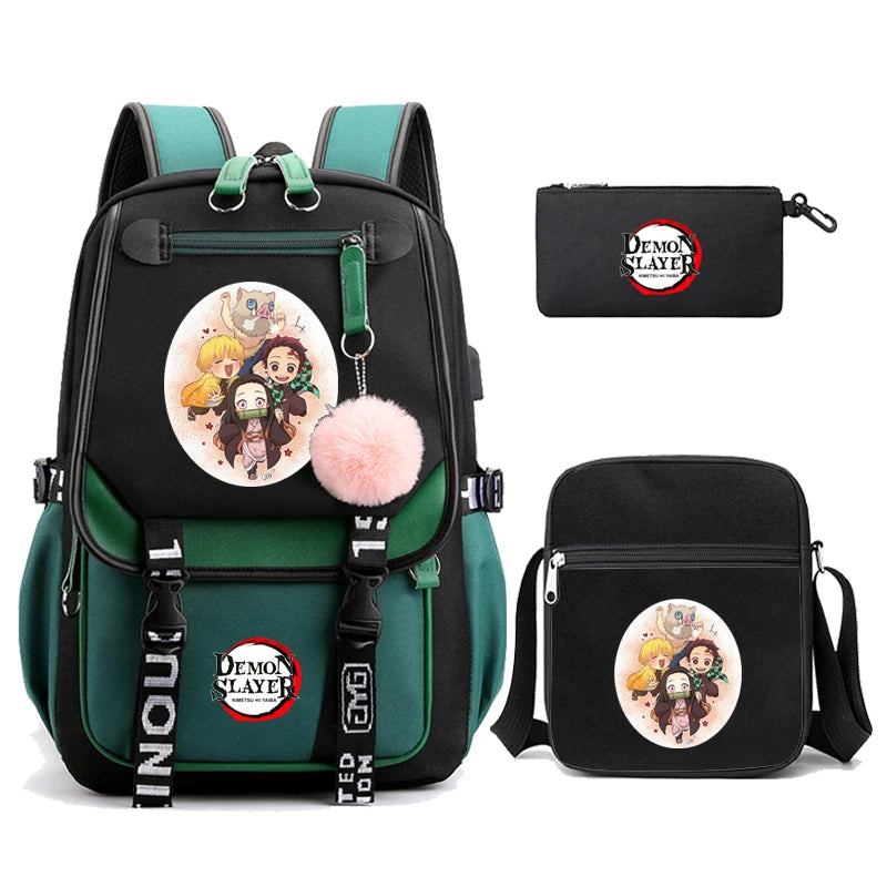 3Pcs Kamado Nezuko Demon Slayer Backpacks Set for Girls Anime School Bag Teenager Student Canvas Laptop Back Pack Women Rucksack