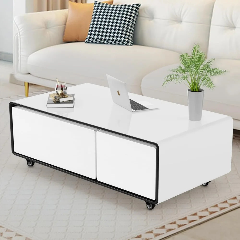 Smart Coffee Table with Fridge, 90L Smart Table with Built in Fridge, Wireless Charger, USB Port, for Living Room Reception Room