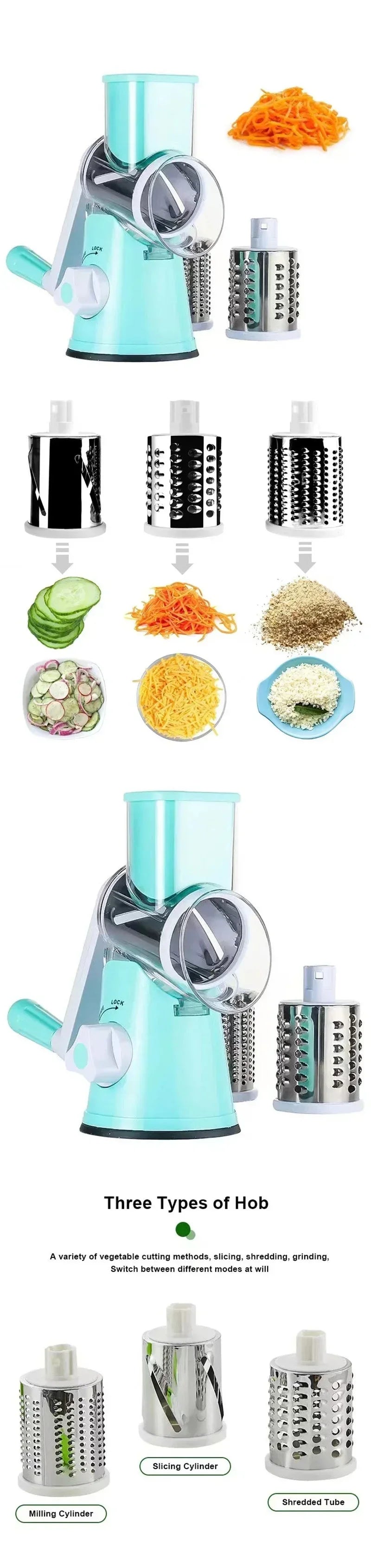 Manual Rotary Vegetable Slicer Cutter Kitchen Vegetable Cheese Grater Chopper with 3 Sharp Stainless Steel Drums