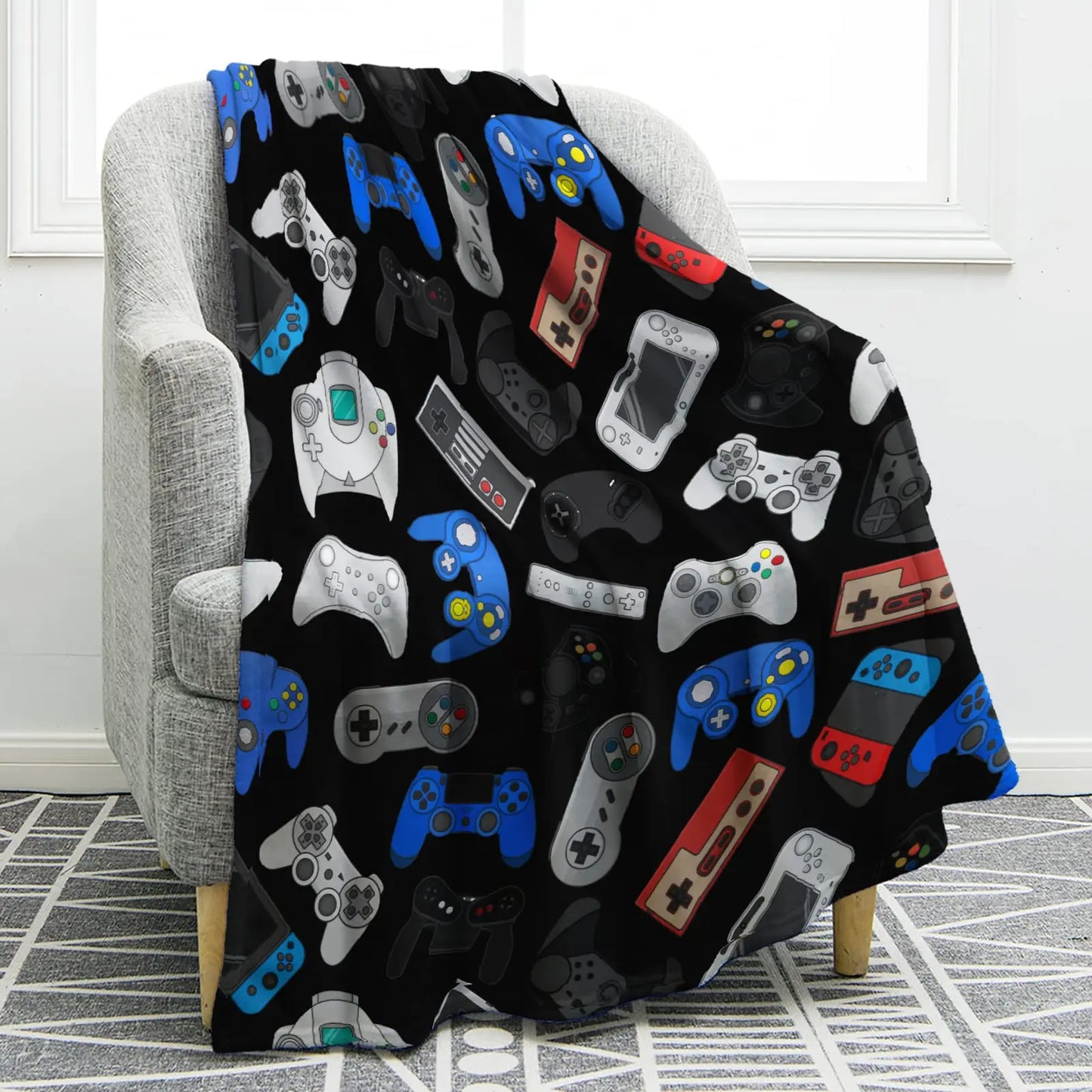 3D Game Controller Theme Blanket Soft Warm Print Throw Black Blanket for Men Boys Adult Birthday Gifts for Sofa Chair Bed Office