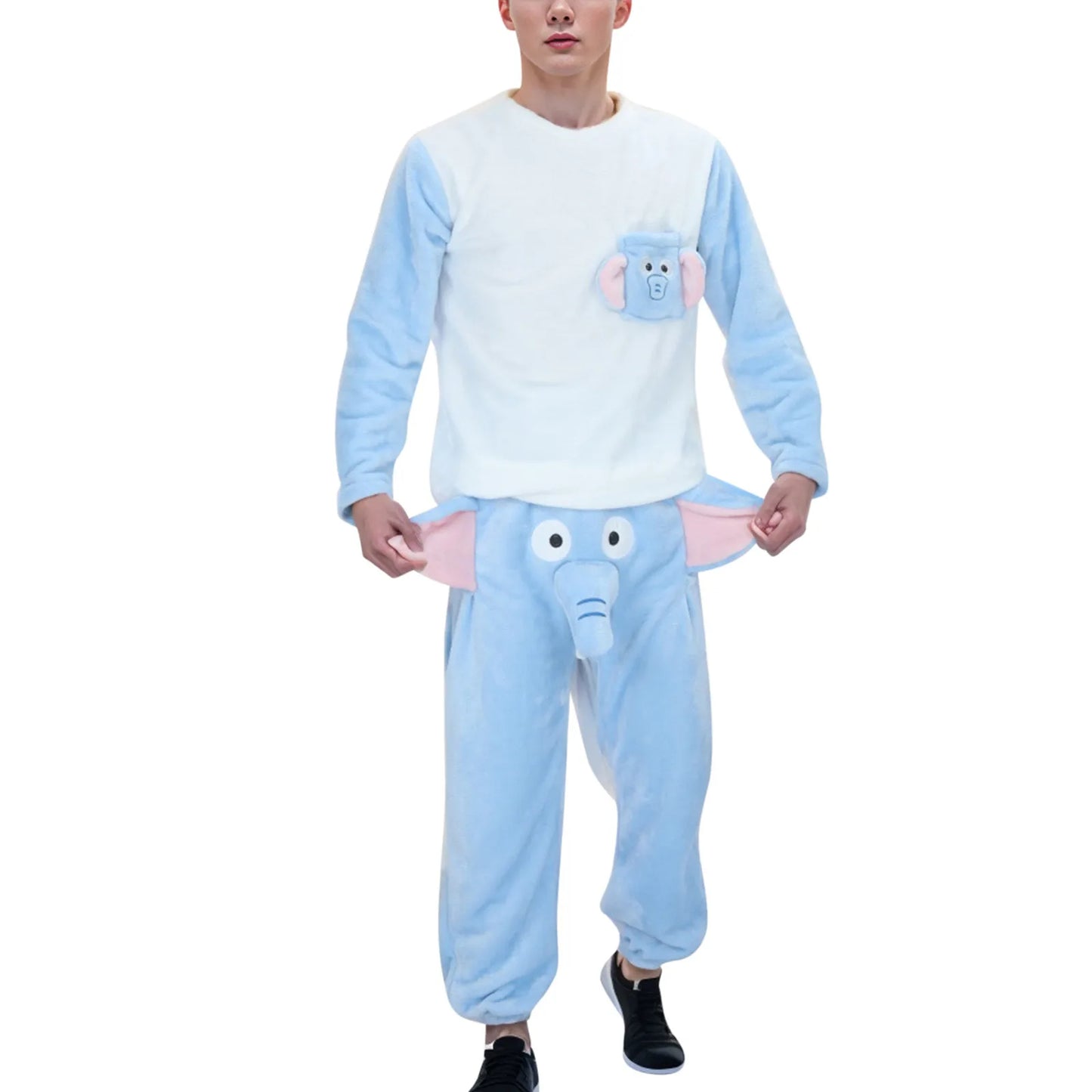 Funny Cartoon Men's Pajama Suits Couple Novelty Animal Elephant Ear Trunk Plush Long Sleeve Couple Clothes+Trousers Prank Gift