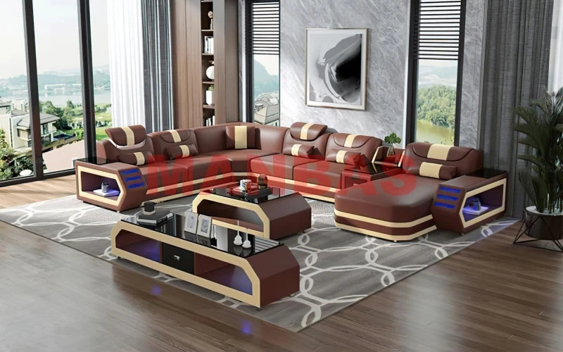 MANBAS Italian Genuine Leather Sectional Sofa with LED Lights | Futuristic Furniture U Shape Couch Living Room Big Sofas Set