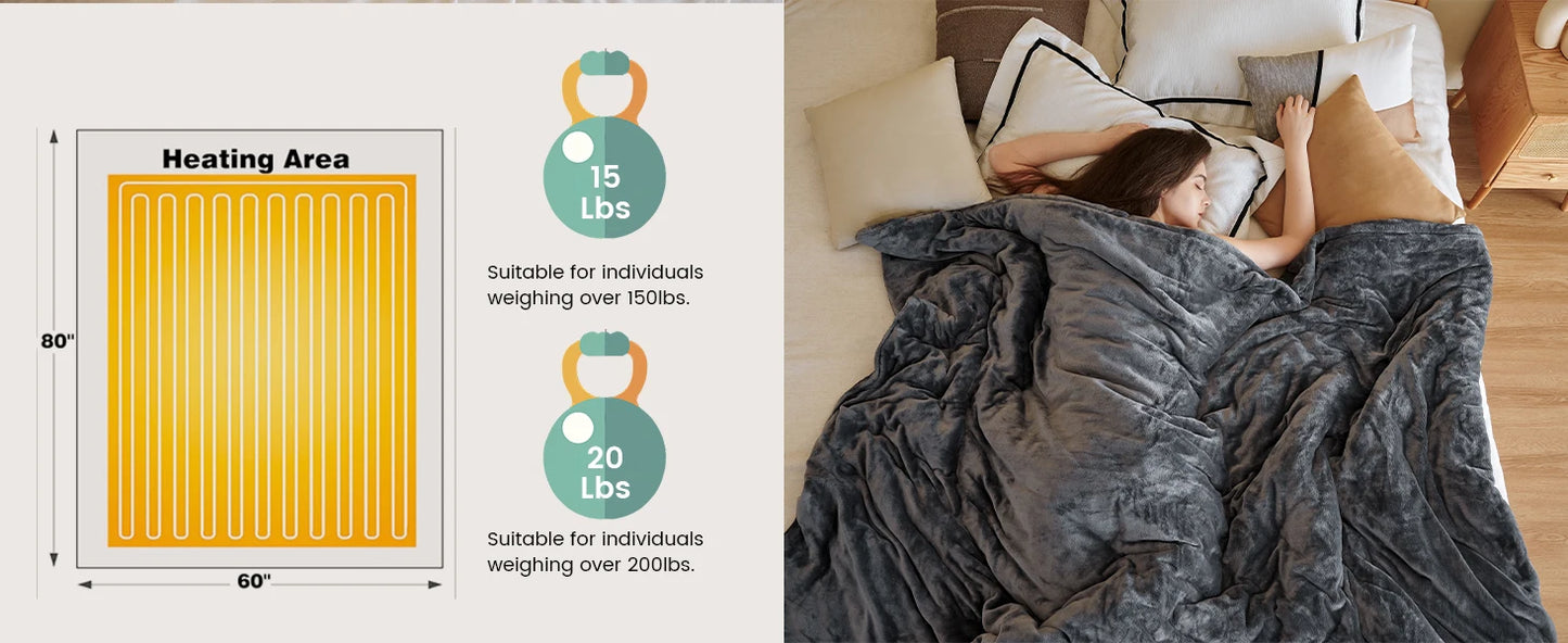 60x80 Queen Size, Weighted Heated Blanket for Adults, Fast Heating 10 Heating Levels & 12H Auto Shut-Off, Soft Comfort Flannel H