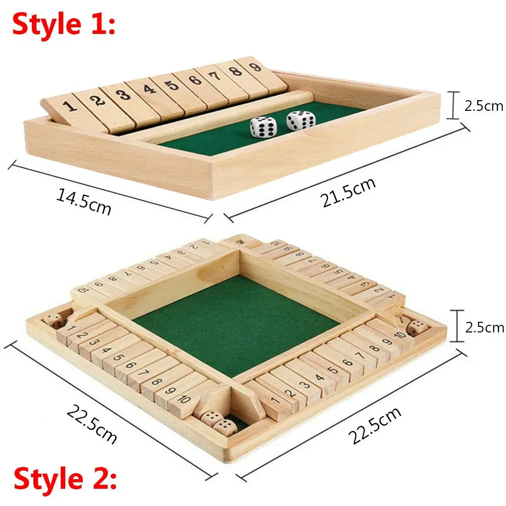 Shut The Box Dice Board Game Wooden Flaps & Dices for 4 Players