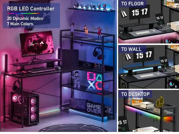Computer desk Gaming desk with shelves, L-shaped corner  55' Reversible  with charging connection,integrated socket