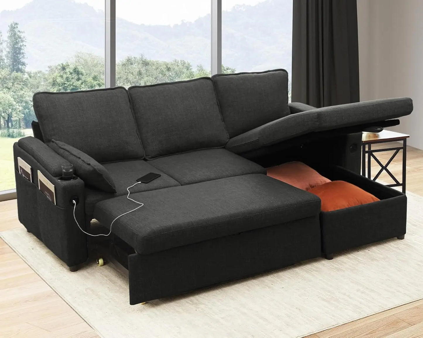 Sleeper Pull Out 2 in 1 Sectional Sleeper Sofa Couches with Storage,USB, Cup Holder,Pullout Sectional Couches