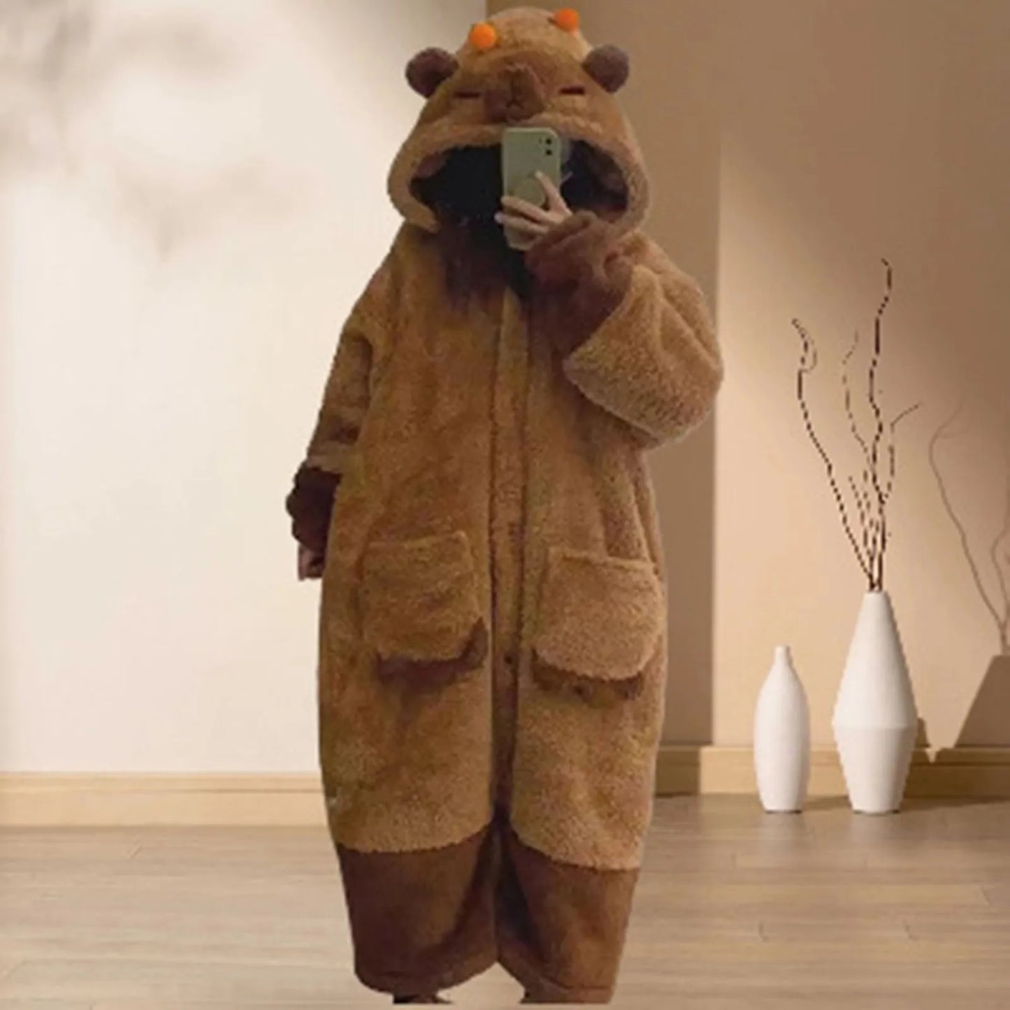 Winter Warm Women's Cute Bear Onesie Nightgown Long Sleeve Coral Velvet Hooded Jumpsuit One-Piece Pajamas Women Party Loungewear