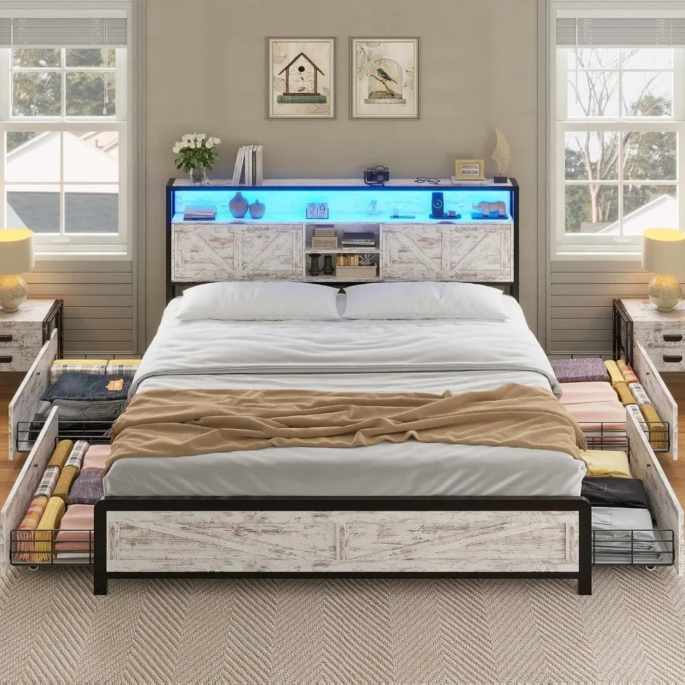 Full Bed Frame w RGB LED Lights & Hidden Storage Headboard, Full Metal Platform Bed with Type-C Charging Station and 4 Drawers